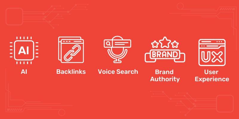 Illustrations of AI, backlinks, voice search, brand authority, and user experience concepts on a red tech-themed backdrop.